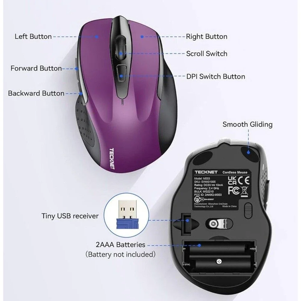 TECKNET Wireless Mouse, 2.4G Ergonomic Optical Mouse, Computer Mouse for Laptop